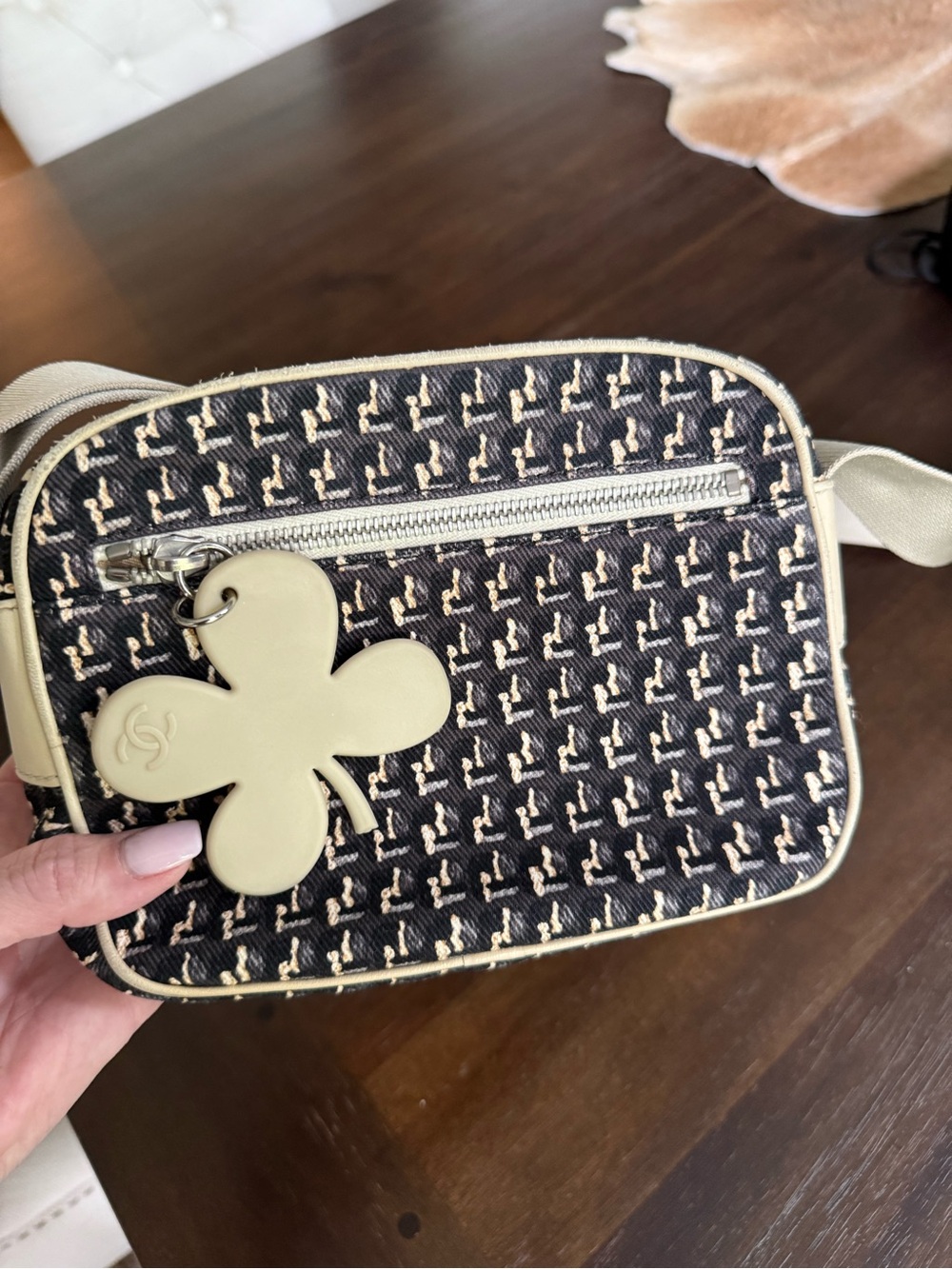 Chanel Black & Cream Crossbody Bag with Clover Charm.